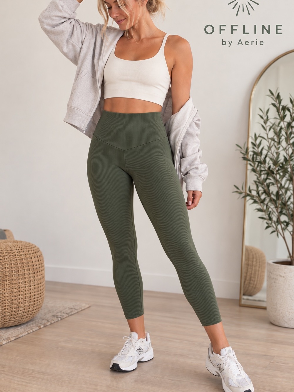 OFFLINE by Aerie Real Me Xtra 7/8 Ribbed High Rise Leggings Olive Green Large